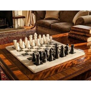 12" Marble Chess set, gift storage box, black & white chess board & chess pieces